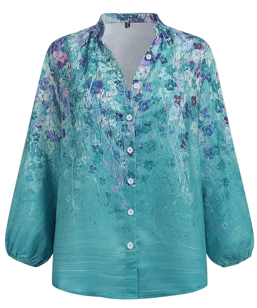 NWT Flamingo Blue Floral Print Stretch Button Up Shirt Women's Medium